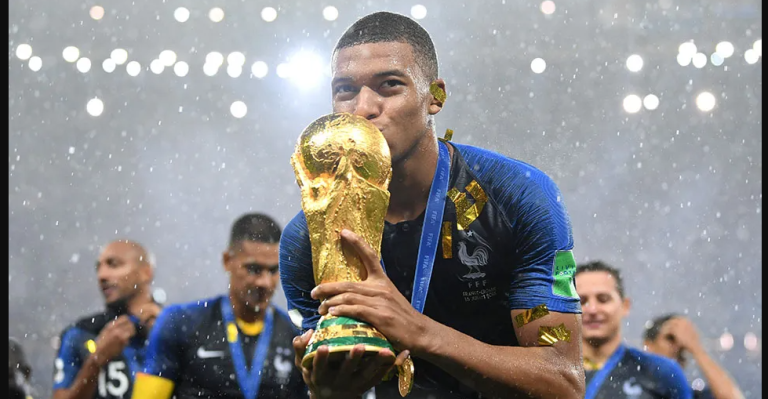 Kylian Mbappe celebrating a goal for Real Madrid at the Santiago Bernabéu
