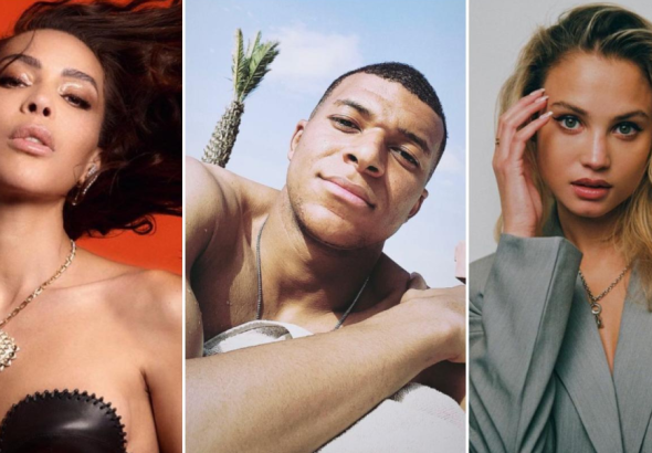 A collage of women previously linked to Kylian Mbappé, including Alicia Aylies and Ines Rau.