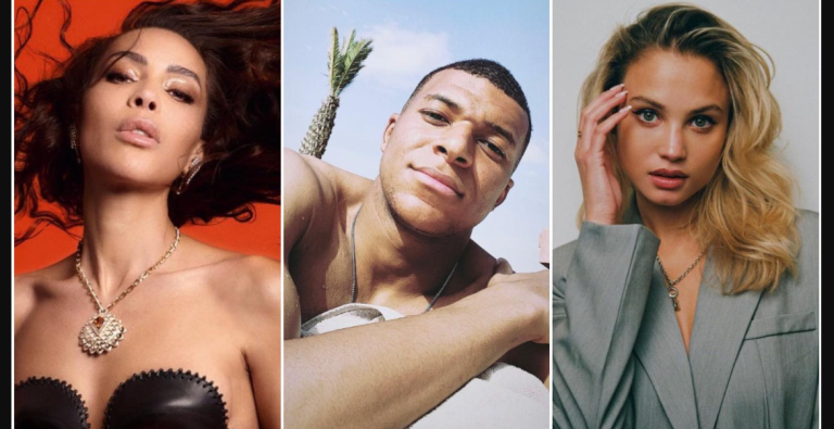 A collage of women previously linked to Kylian Mbappé, including Alicia Aylies and Ines Rau.