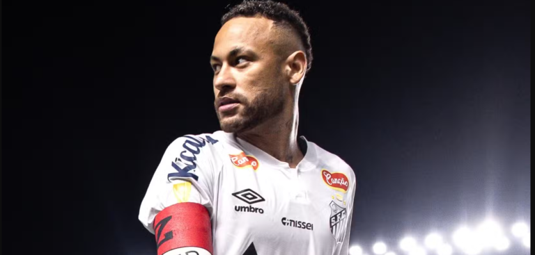 Neymar Jr celebrating a goal in his Santos FC jersey in 2026.